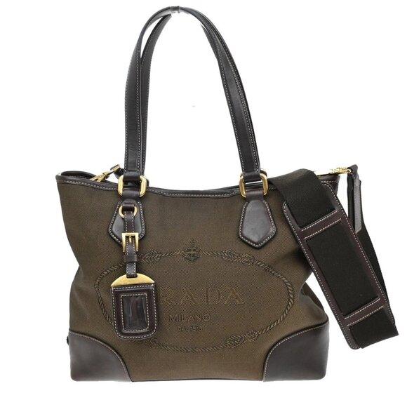 PRADA MILANO Logo 2Way Shoulder Hand Bag Jacquard Leather Brown GHW - Picture 1 of 15